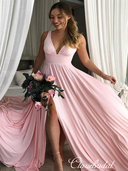 Pink V-neck Long A-line Jersey Side Slit Bridesmaid Dresses