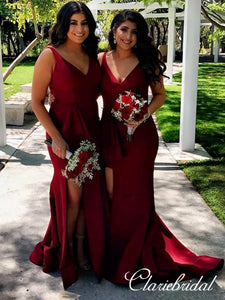 V-neck Burgundy Side Slit Long Mermaid Bridesmaid Dresses