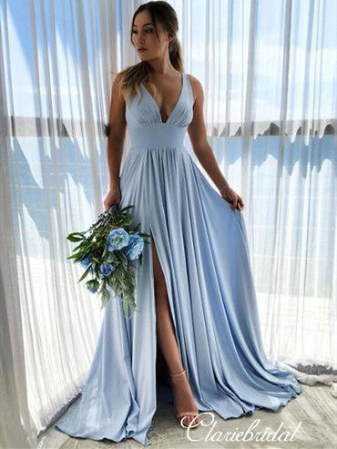 Blue V-neck Jersey Side Slit A-line Bridesmaid Dresses ClaireBridal Blue V-neck Jersey Side Slit A-line Bridesmaid Dresses ClaireBridal