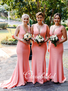 Peach Mermaid Long Bridesmaid Dresses, Jersey Bridesmaid Dresses