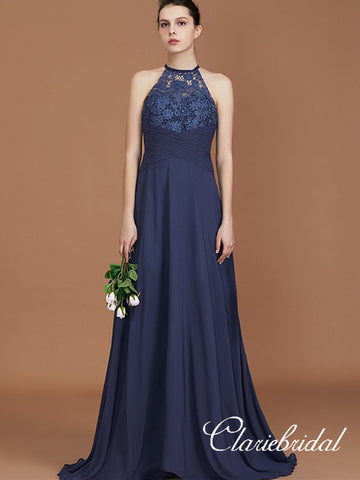 A-line Navy Chiffon Lace Long Bridesmaid Dresses