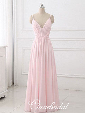 Spaghetti Long A-line Pink Chiffon Long Bridesmaid Dresses