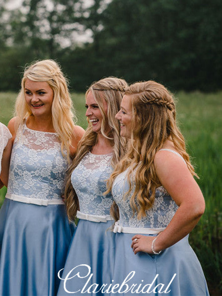 Lace Top Blue Satin Short Bridesmaid Dresses
