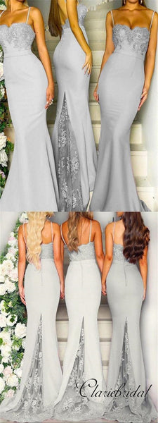 Spaghetti Long Mermaid Grey Lace Beaded Bridesmaid Dresses