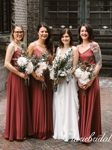 Rust Red A-line V-neck Simple Long Bridesmaid Dresses