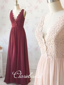 V-neck Lace Top A-line Chiffon Long Bridesmaid Dresses