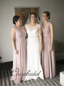 Newest V-neck A-line Chiffon Bridesmaid Dresses, Long Bridesmaid Dresses