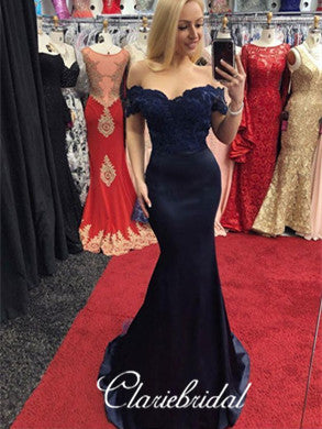 Off Shoulder Mermaid Navy Lace Elastic Satin Prom/Bridesmaid Dresses