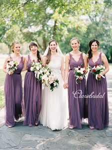 V-neck Purple Tulle A-line Long Bridesmaid Dresses