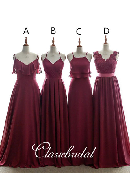 Mismatched Burgundy Chiffon Lace Long Bridesmaid Dresses