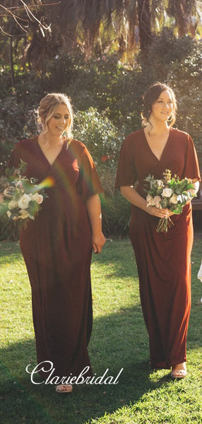Half Sleeves A-line Burgundy Jersey Long Bridesmaid Dresses
