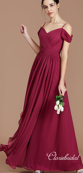 Burgundy Off Shoulder Long A-line Chiffon Bridesmaid Dresses