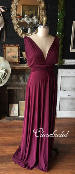 Burgundy Convertible Long A-line Jersey Bridesmaid Dresses