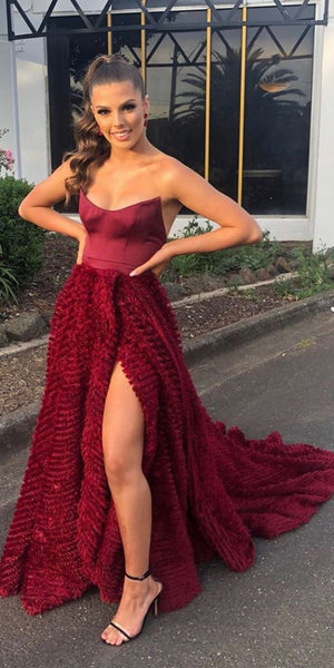 Strapless Long A-line Dark Red Prom Dresses, Side Slit Prom Dresses, 2021 Prom Dresses