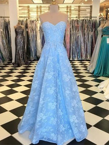 Strapless Blue Lace Prom Dresses, A-line Lace Long Prom Dresses