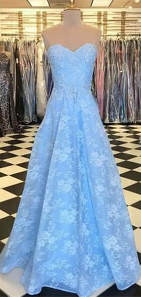 Strapless Blue Lace Prom Dresses, A-line Lace Long Prom Dresses