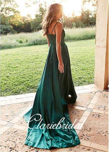 Straps V-neck Dark Teal Elastic Satin Prom Dresses, Popular Long Prom –  ClaireBridal