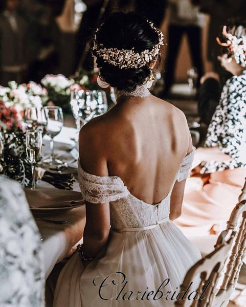 Off Shoulder Lace Top Side Slit Boho Wedding Dresses, Long Wedding Dresses