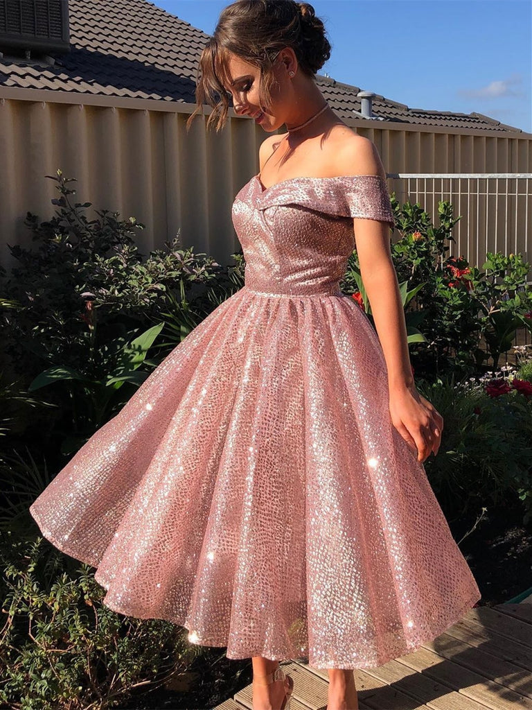 Off Shoulder Rose Gold Sequin Tulle Homecoming Dresses, Short Prom Dre ClaireBridal Off Shoulder Rose Gold Sequin Tulle Homecoming Dresses, Short Prom Dre ClaireBridal