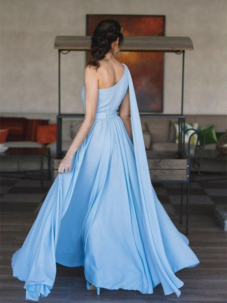 One Shoulder Pale Blue Chiffon Prom Dresses, A-line Prom Dresses, Simple Prom Dresses, Popular Prom Dresses