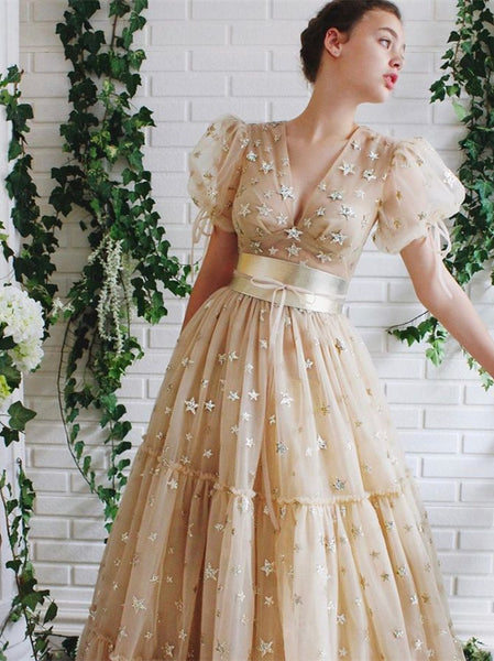 V-neck Champagne Star Tulle Prom Dresses, A-line Prom Dresses, Princess Dresses, 2023 Prom Dresses, Affordable Prom Dresses