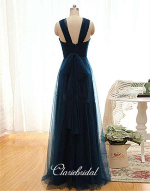 A-line Tulle Long Prom Dresses, Simple Custom Design Prom Dresses