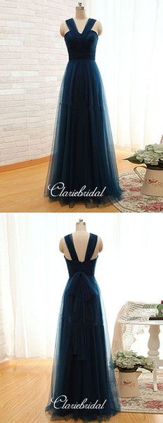 A-line Tulle Long Prom Dresses, Simple Custom Design Prom Dresses