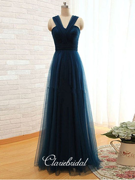 A-line Tulle Long Prom Dresses, Simple Custom Design Prom Dresses
