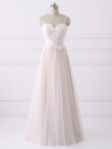 Spaghetti Long A-line Lace Tulle Simple Wedding Dresses