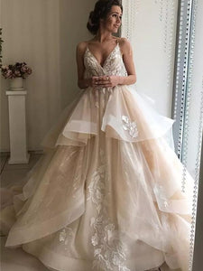 Spaghetti Long A-line Lace Tulle Wedding Dresses, Bridal Gown