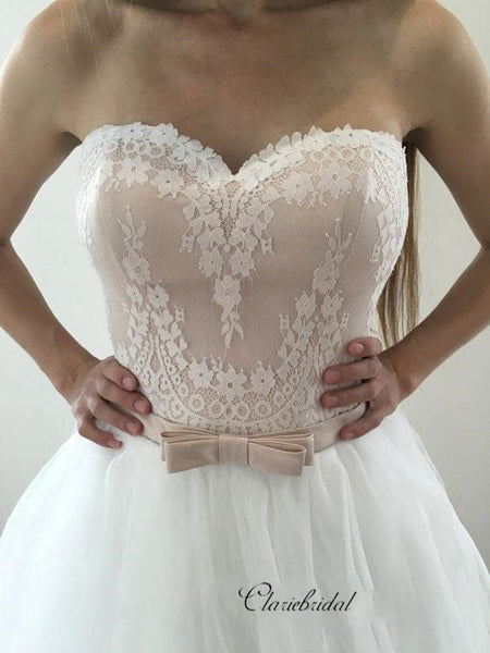 Strapless Sweetheart Wedding Dresses, Tulle Lace Wedding Dresses, A-line Bridal Gowns