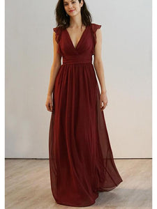 Cap Sleeves V-neck Long A-line Chiffon Bridesmaid Dresses