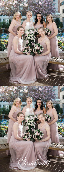 CV-neck Long A-line Tulle Bridesmaid Dresses