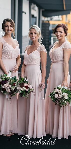 Cap Sleeves Long Pink Chiffon Lace A-line Bridesmaid Dresses