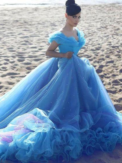 Off Shoulder Royal Blue Beaded Prom Dresses, Cinderella Prom Gown, 202 – ClaireBridal