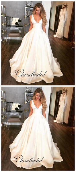 Custom Simple Design Stain A-line Wedding Dresses, Popular V-neck Wedding Dresses