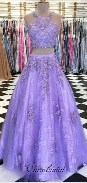 Two Pieces Purple Lace Elegant Prom Dresses, Popular Long Prom Dresses