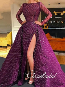 Long Sleeves Purple Sequin Tulle Prom Dresses, Side Slit Prom Dresses, Gorgeous Prom Dresses