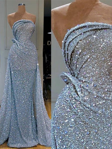 Strapless Long Mermaid Blue Sequin Prom Dresses, Sparkle Long Prom Dresses, Prom Dresses