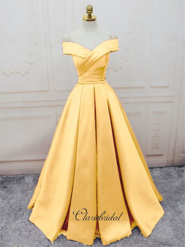 Off The Shoulder Satin Long Prom Dresses, Yellow A-line Prom Dresses, Custom Prom Dresses