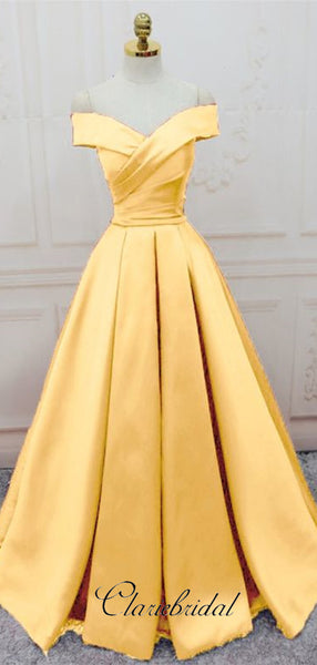 Off The Shoulder Satin Long Prom Dresses, Yellow A-line Prom Dresses, Custom Prom Dresses