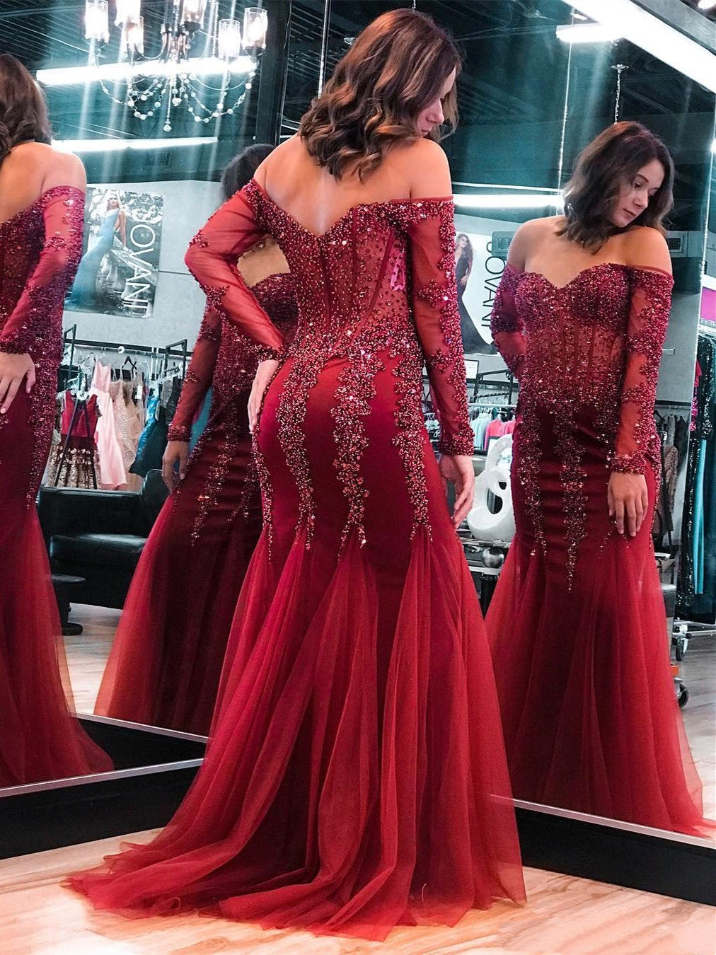 Off Shoulder Long Sleeves Dark Red Lace Beaded Prom Dresses, Mermaid P ClaireBridal Off Shoulder Long Sleeves Dark Red Lace Beaded Prom Dresses, Mermaid P ClaireBridal