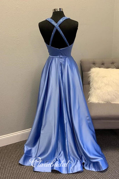 Deep Neckline Satin Prom Gowns, Fashion Unique Beaded A-line Prom Dresses