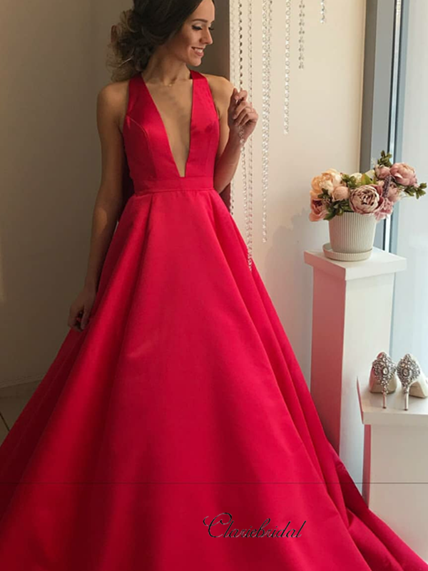Red Color A-line Satin Long Prom Dresses, Simple V-neck Evening Party Prom Dresses