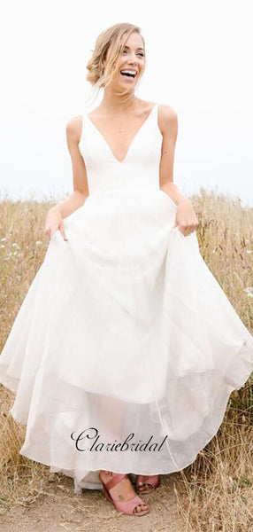 Straps Deep V-neck Wedding Dresses, A-line Country Wedding Bridal Gowns