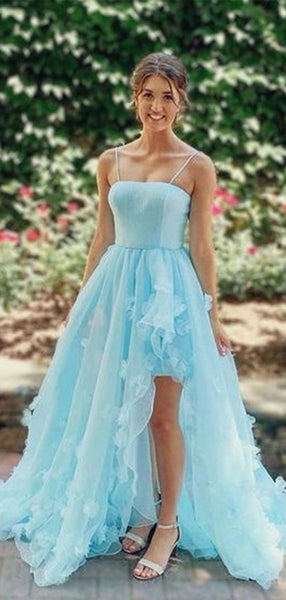High Low Light Blue A-line Long Prom Dresses, 2021 Evening Party Prom Dresses
