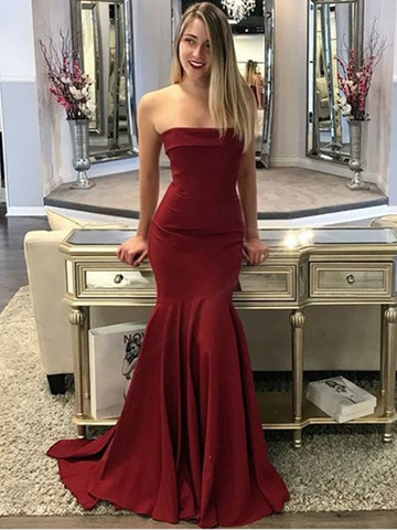Mermaid Strapless Sweep Train Prom Dresses Long, Jersey Trumpet 2021 Prom Dresses