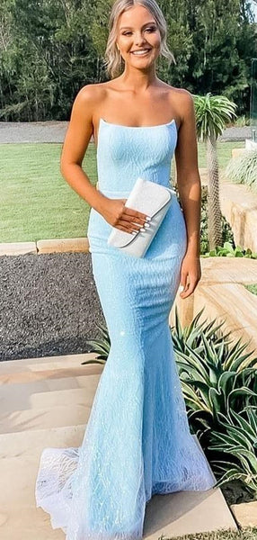 Sky Blue Mermaid Elegant 2021 Long Prom Dresses, Strapless Evening Party Girl Dresses