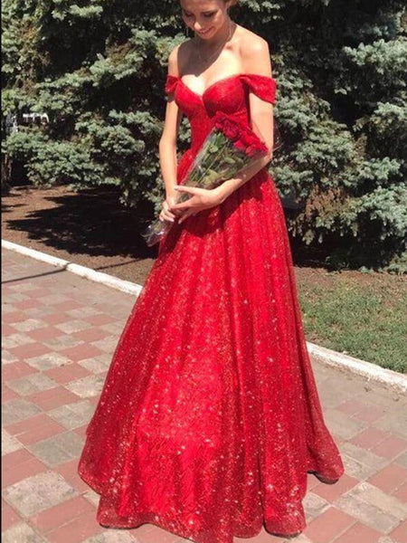 Gorgeous A-line Sequins Long Prom Dresses, Off Shoulder Red 2021 Prom Dresses