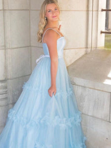 Lovely Pale Blue Satin Tulle Prom Dresses, A-line Prom Dresses, 2022 Prom Dresses, Cheap Prom Dresses, Newest Ruffled Prom Dresses